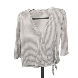Eddie Bauer Faux Wrap Striped Cotton 3/4 Sleeve Top Womens Size L Gray White